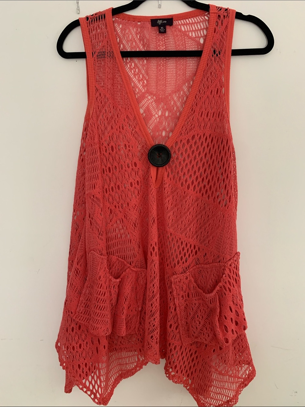 LILY Firmiana Coral Boho Crochet Mesh Cover-Up Layering Hippie Vest Size XL